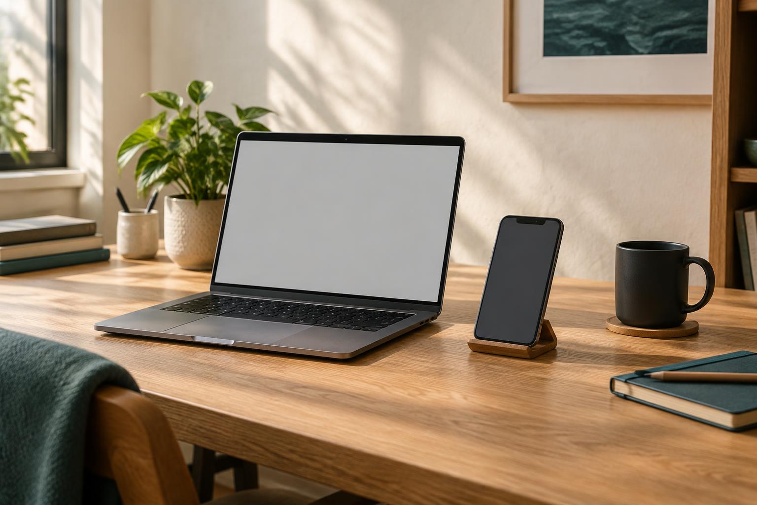 Warm sunlit workspace with laptop, phone, plant and coffee mug